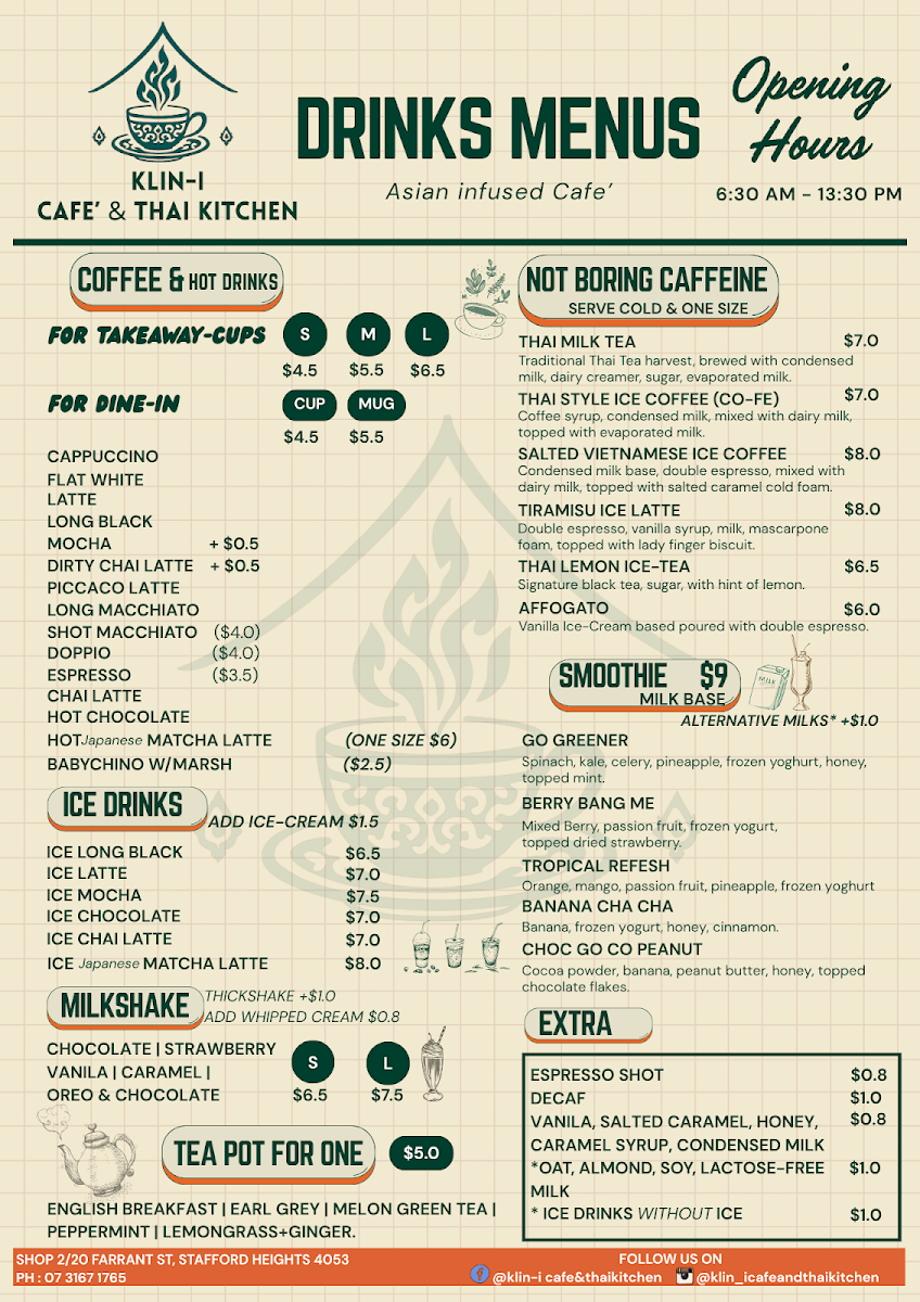 Menu, Klin-i Cafe'&Thai Kitchen