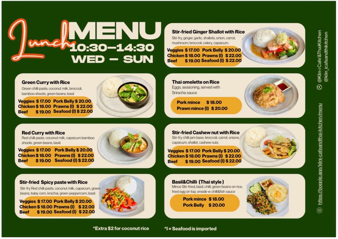 Menu, Klin-i Cafe'&Thai Kitchen