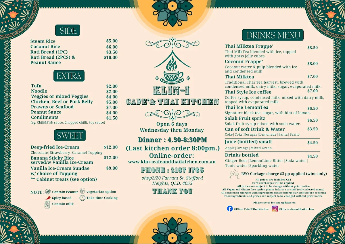 Menu, Klin-i Cafe'&Thai Kitchen