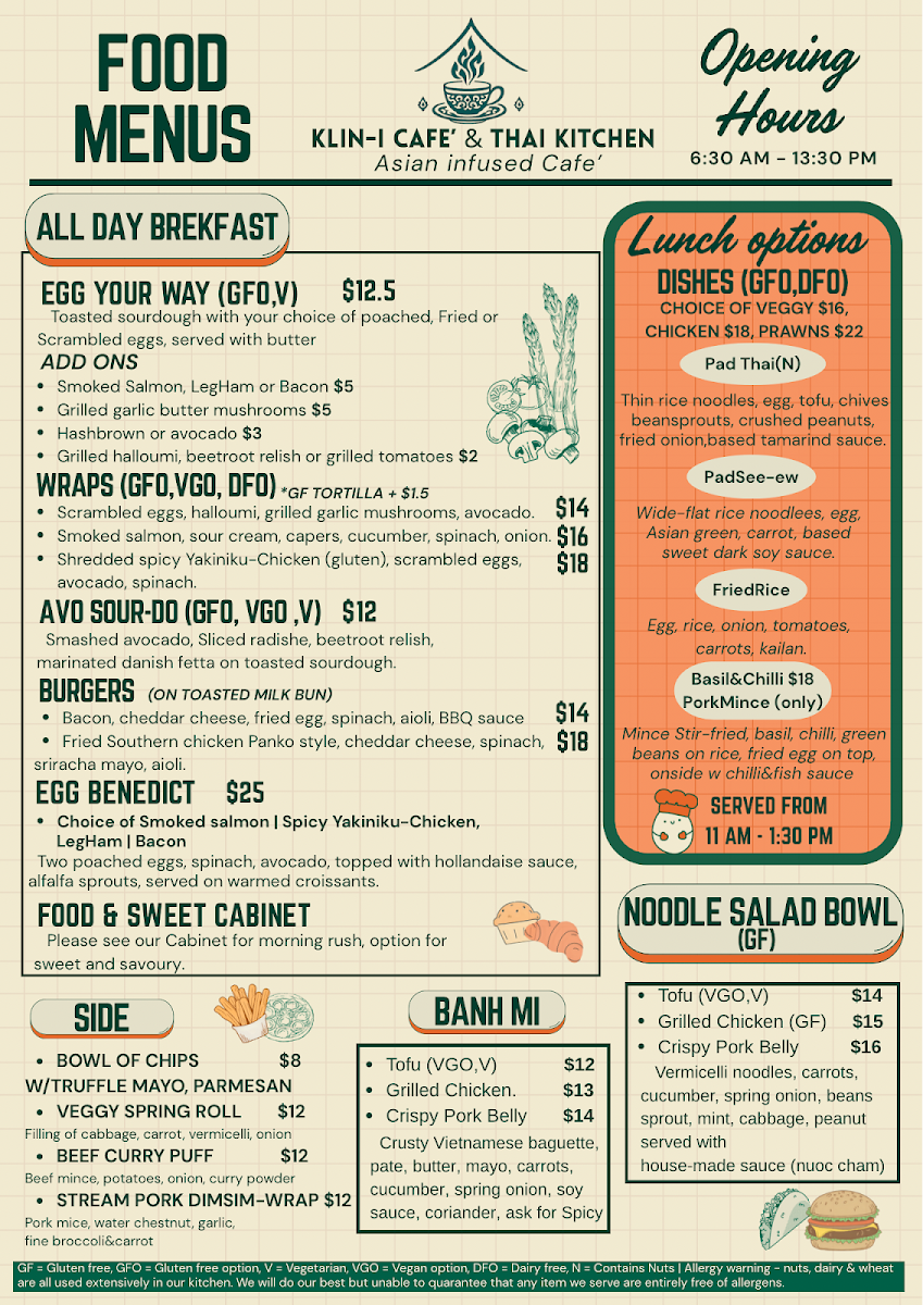 Menu, Klin-i Cafe'&Thai Kitchen