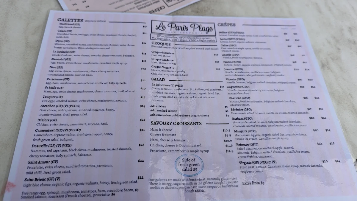 Menu, Le Paris Plage