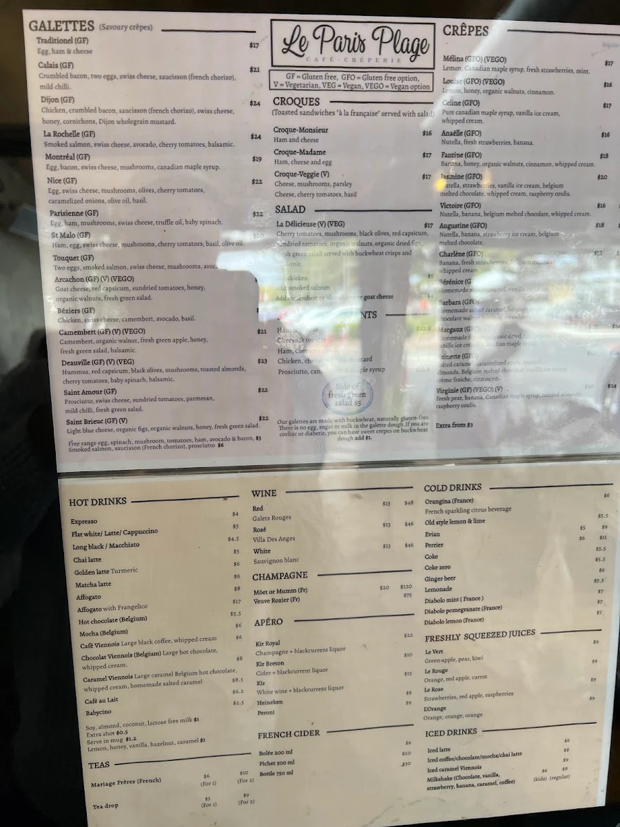 Menu, Le Paris Plage