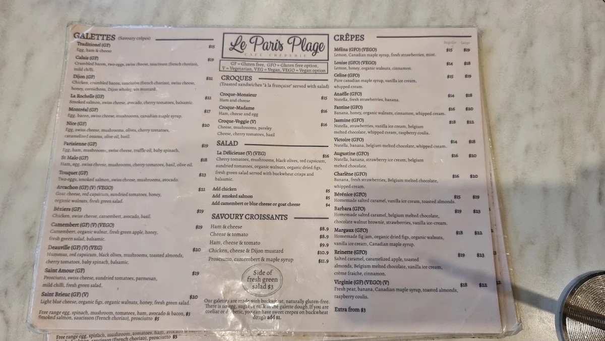 Menu, Le Paris Plage