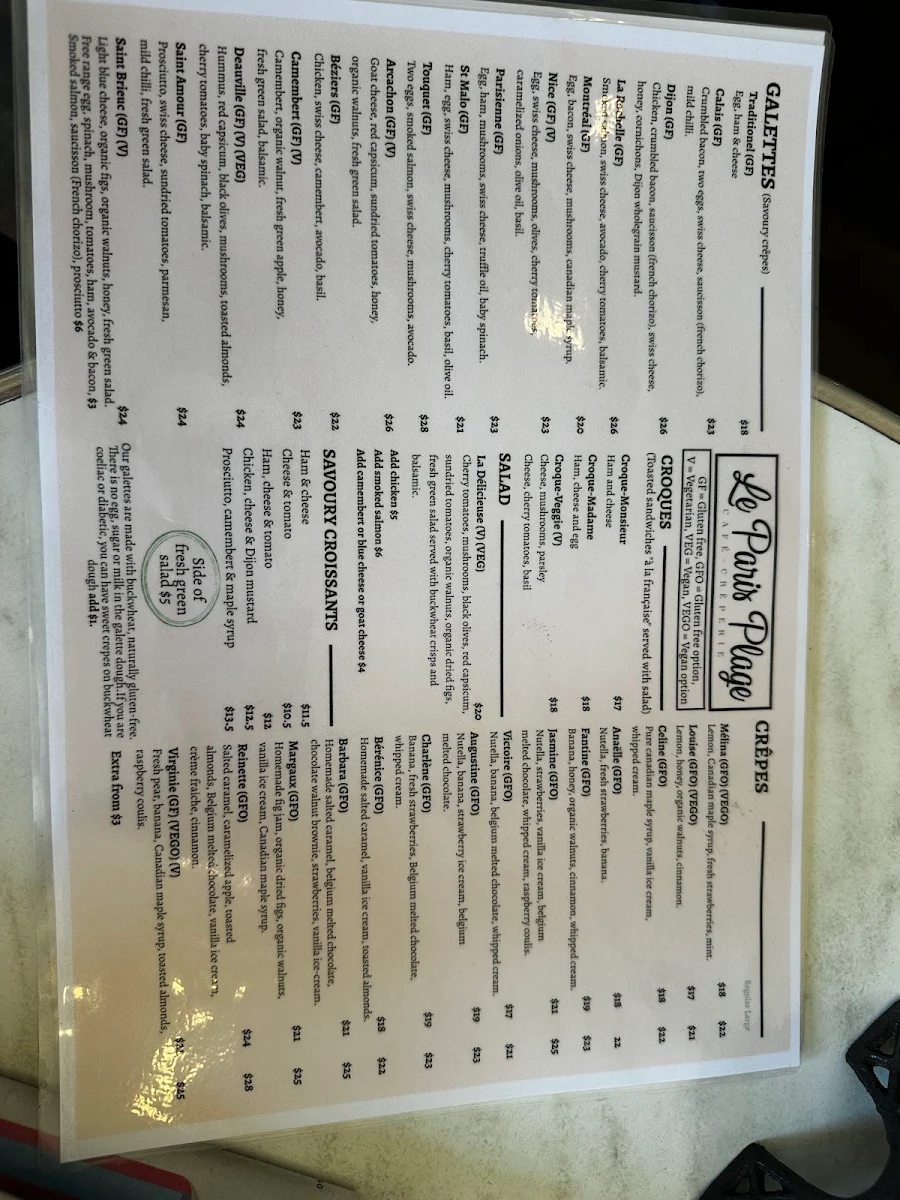 Menu, Le Paris Plage
