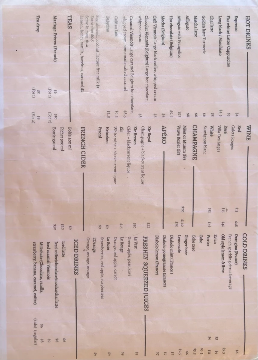 Menu, Le Paris Plage