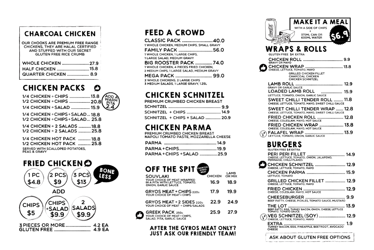 Menu, Westall Freerange Charcoal Chicken