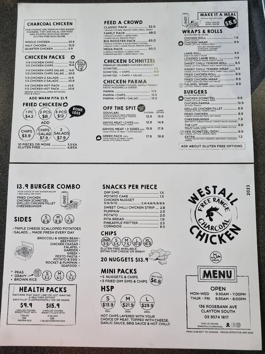 Menu, Westall Freerange Charcoal Chicken