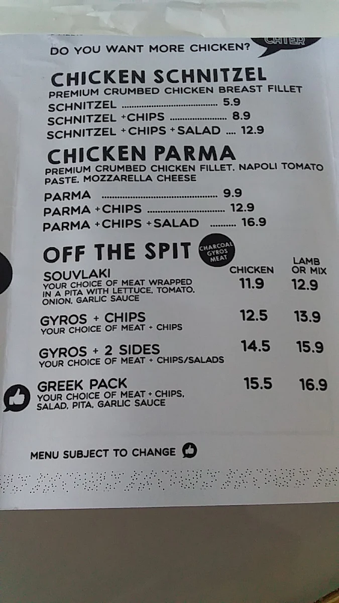 Menu, Westall Freerange Charcoal Chicken