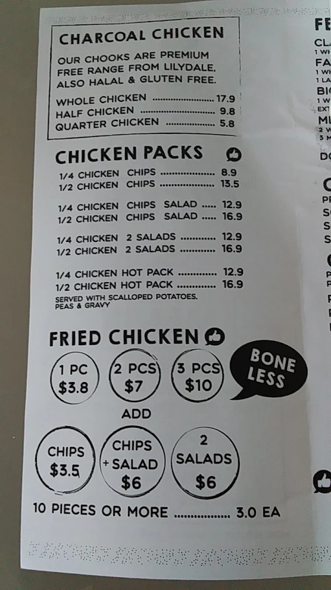 Menu, Westall Freerange Charcoal Chicken