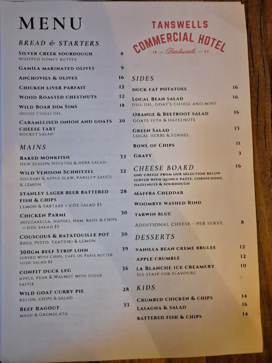Menu, Tanswell's Commercial Hotel