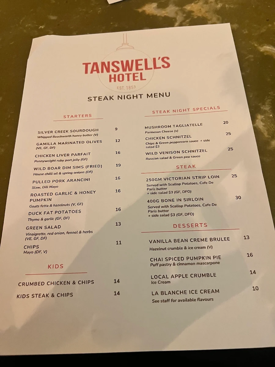 Menu, Tanswell's Commercial Hotel