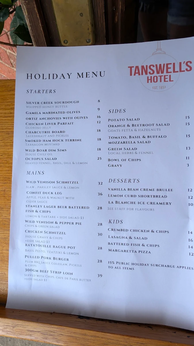 Menu, Tanswell's Commercial Hotel