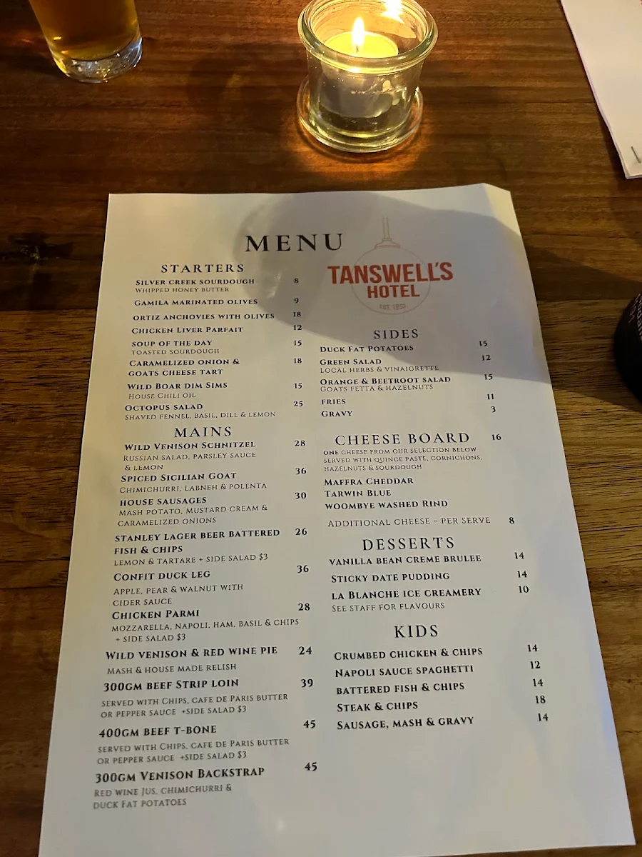 Menu, Tanswell's Commercial Hotel