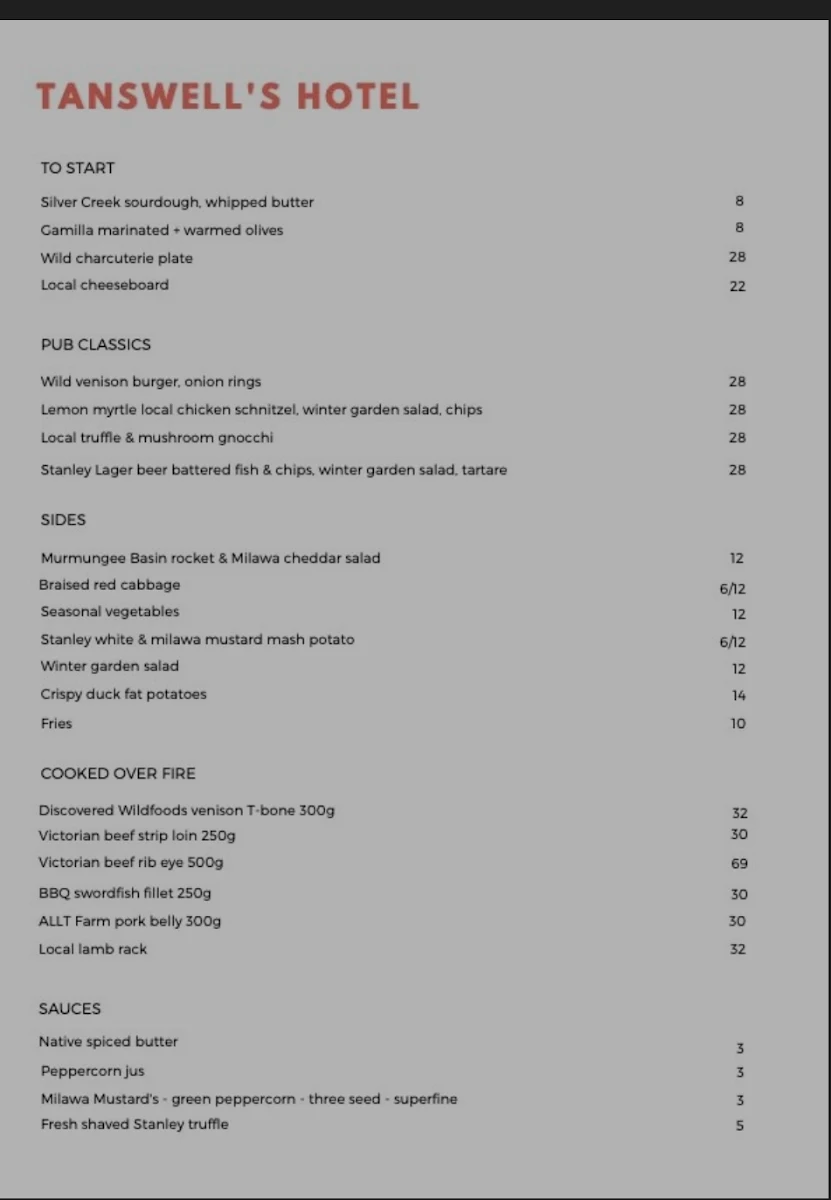 Menu, Tanswell's Commercial Hotel