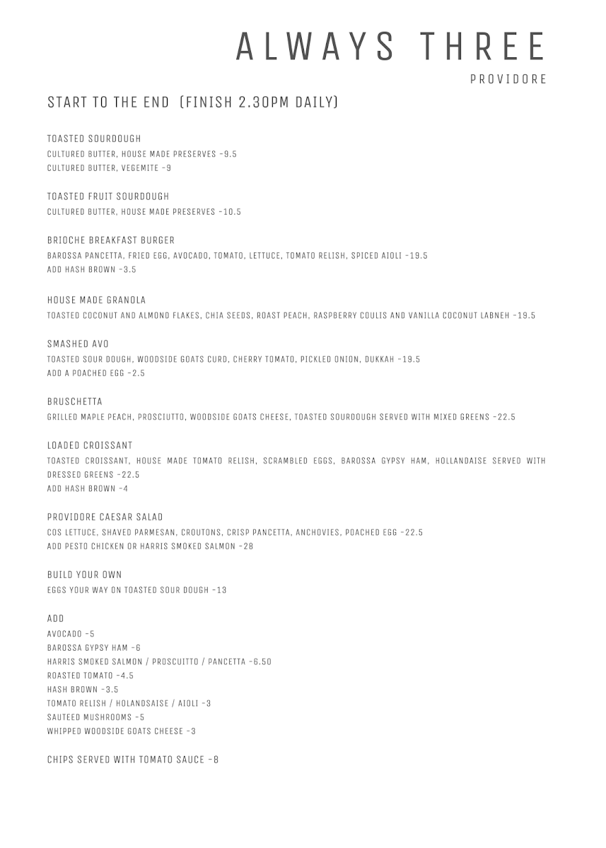 Menu, Always Three Providore