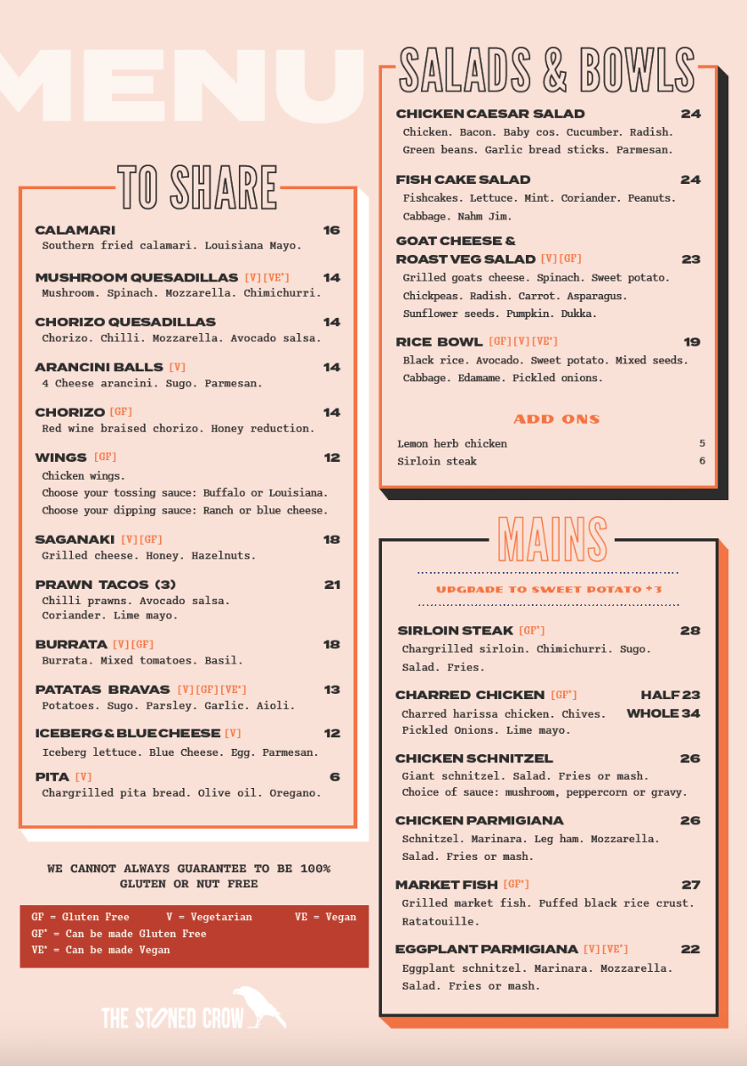 Menu, The Stoned Crow