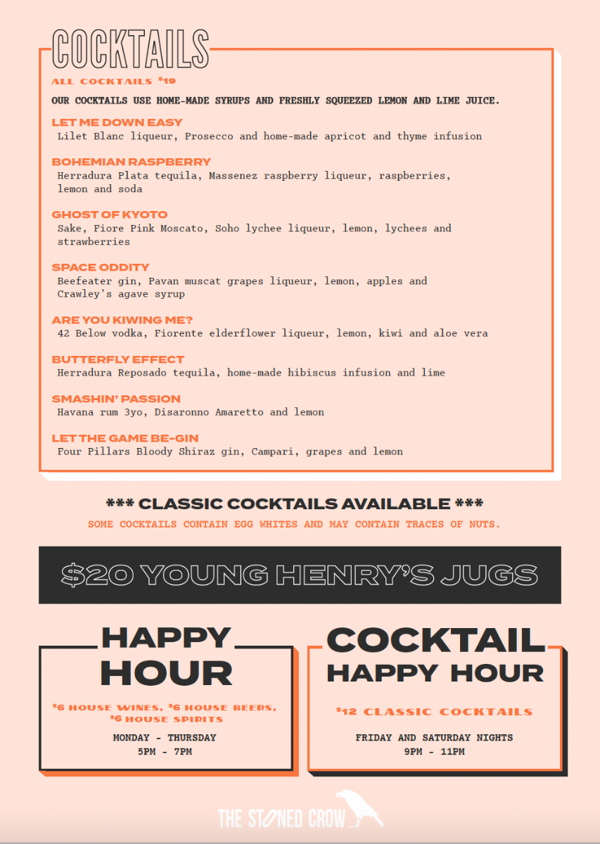 Menu, The Stoned Crow