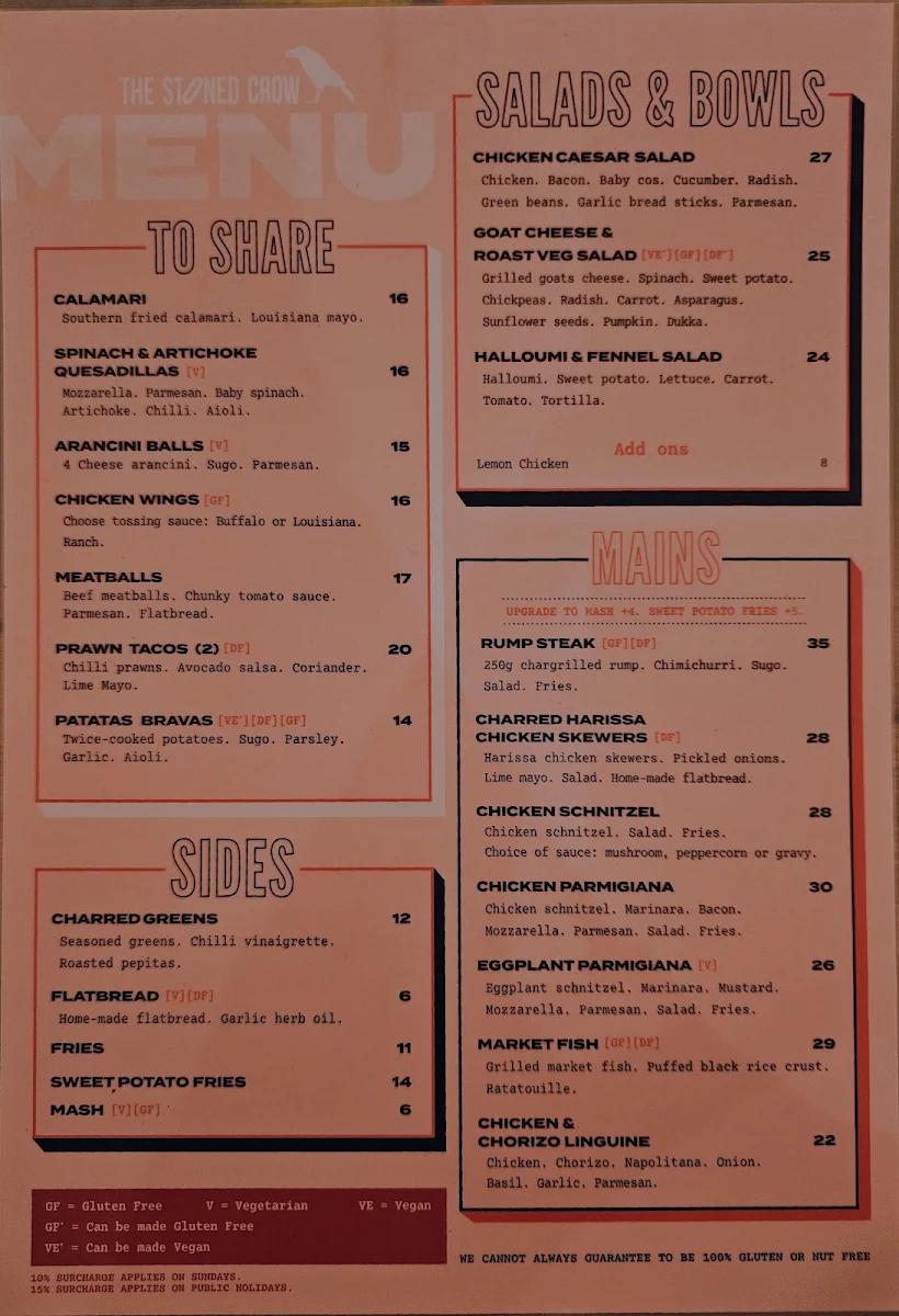 Menu, The Stoned Crow