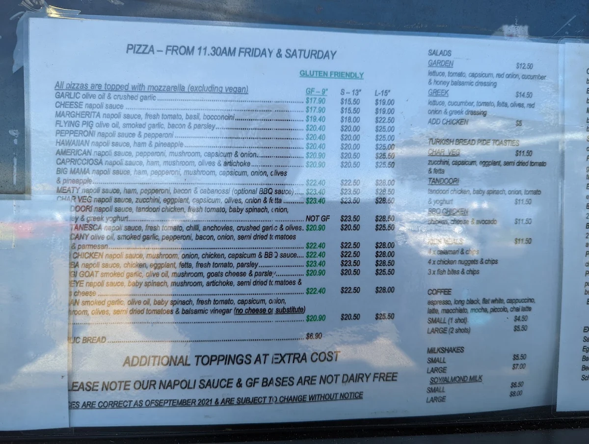 Menu, Sandy Foot Pizza Cafe