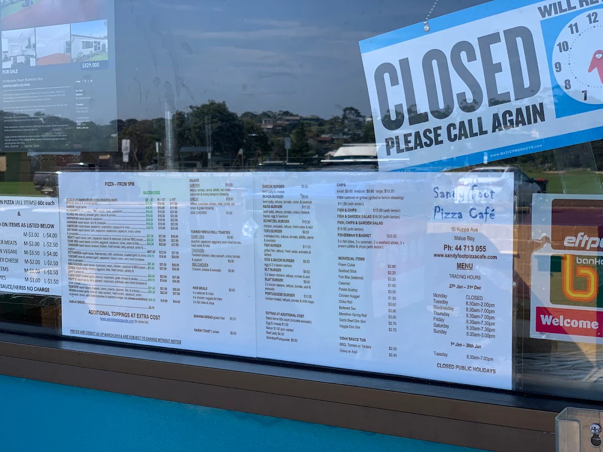 Menu, Sandy Foot Pizza Cafe
