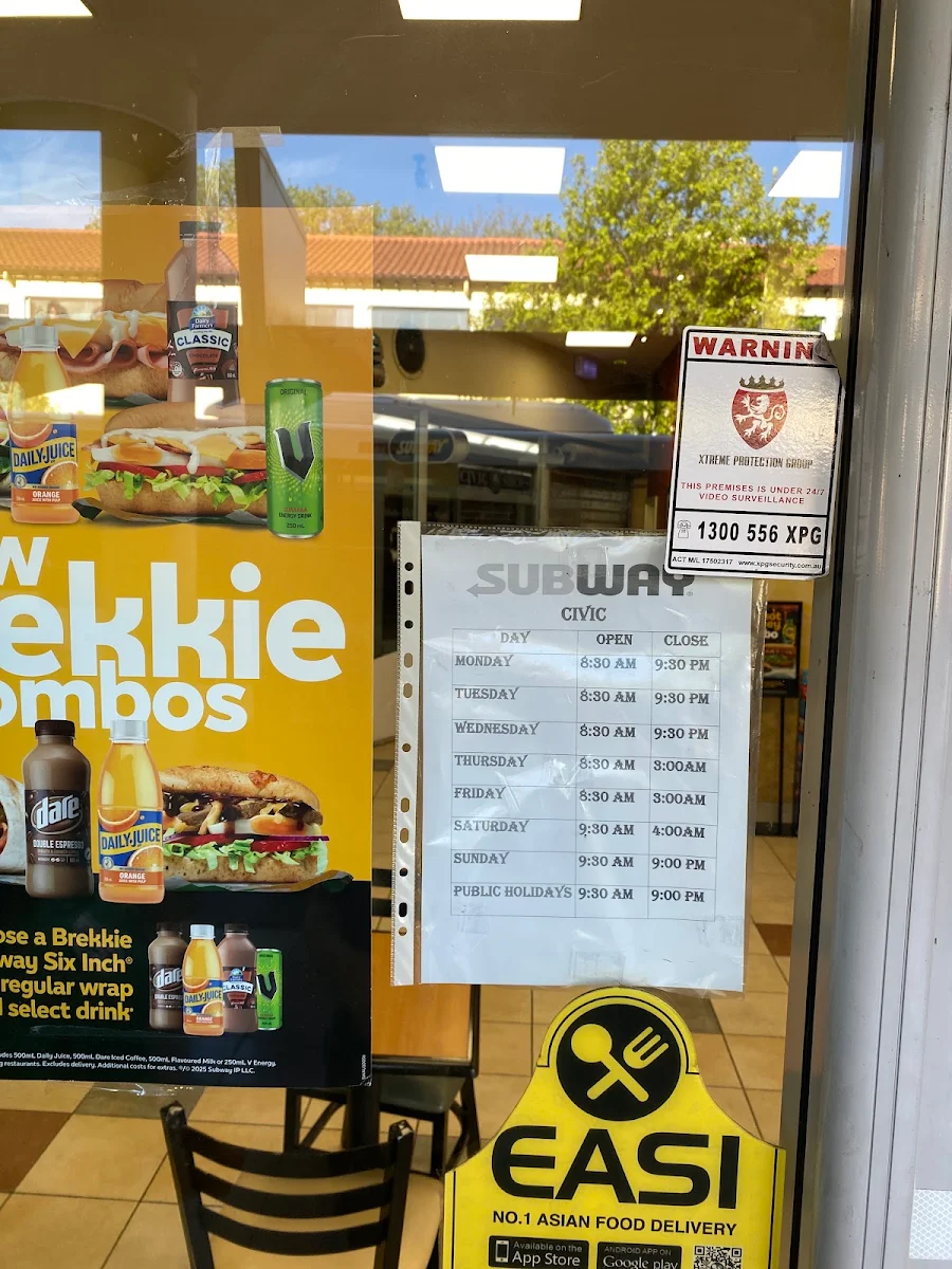 Menu, Subway CIVIC Canberra Baileys Corner