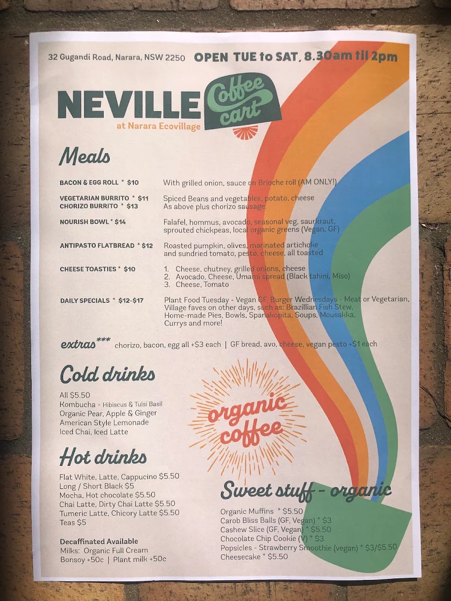 Menu, Neville Coffee Cart at Narara Ecovillage