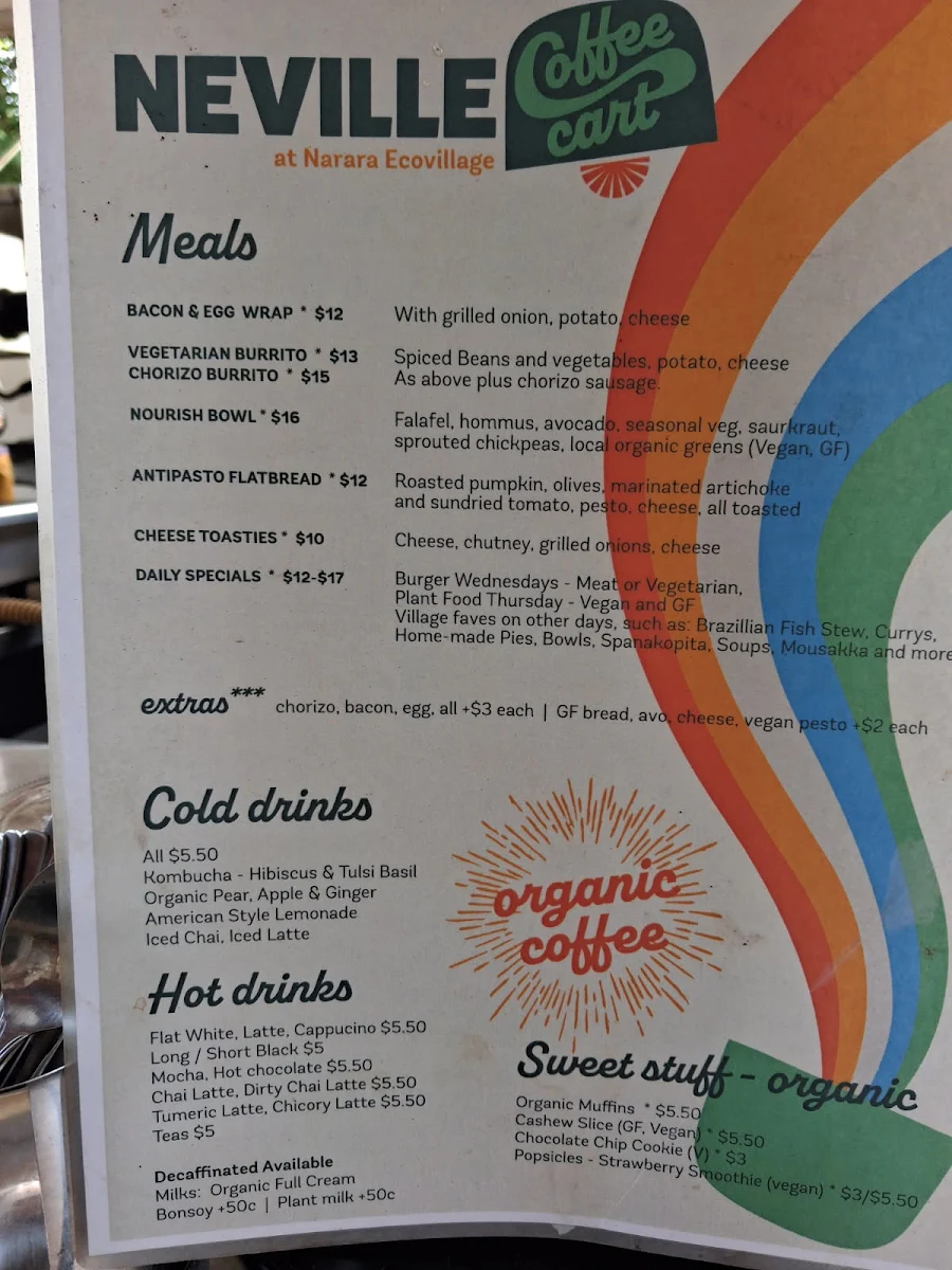 Menu, Neville Coffee Cart at Narara Ecovillage