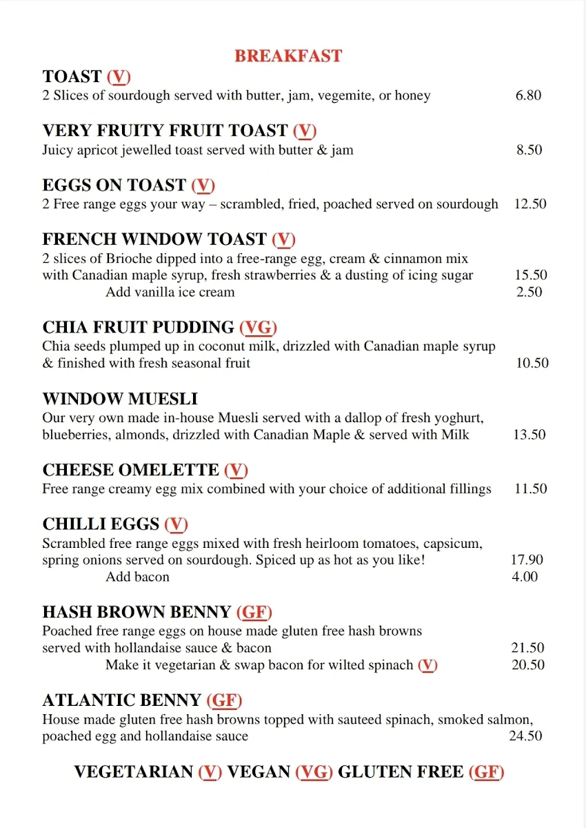 Menu, The Window Cnr Cafe