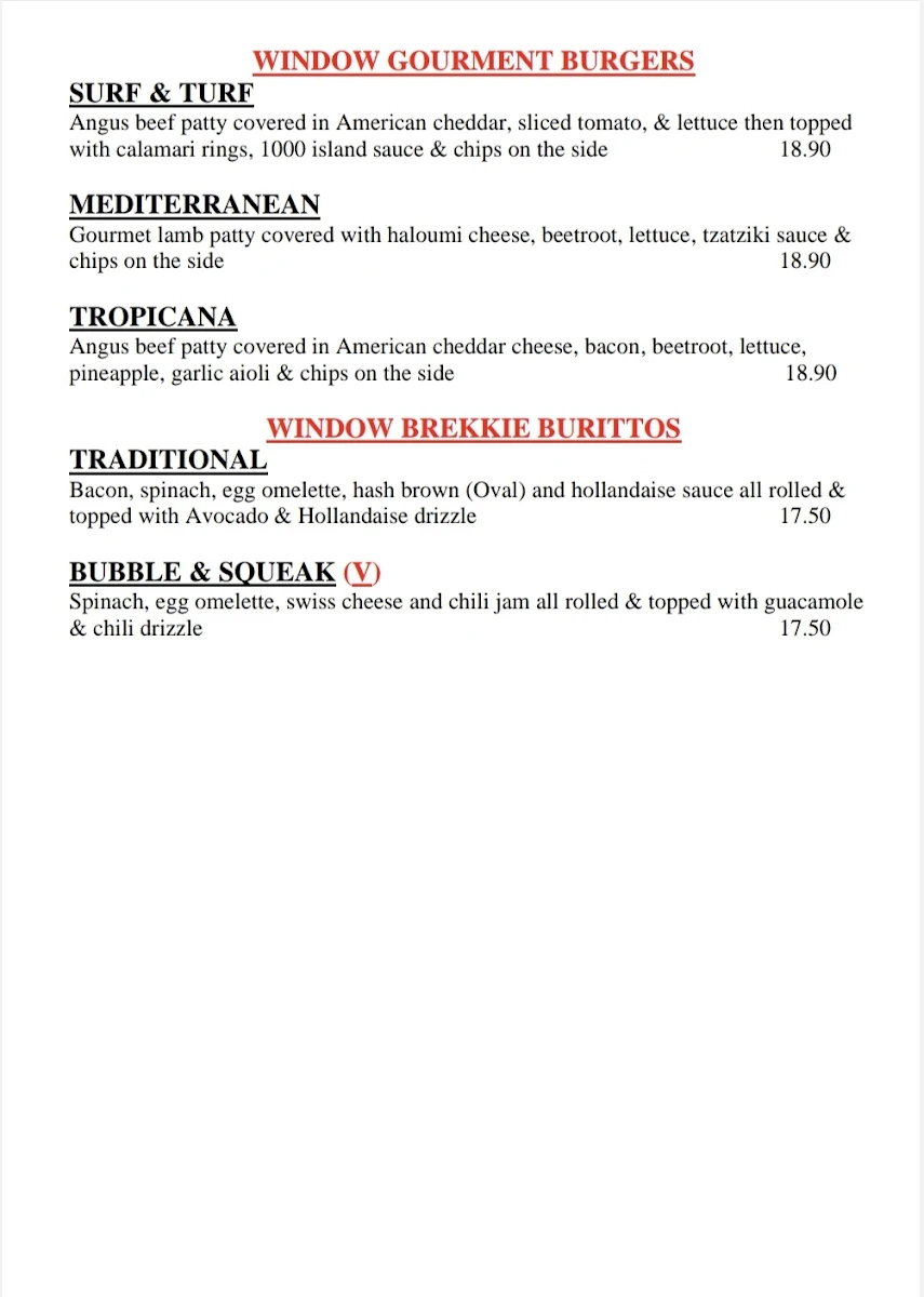 Menu, The Window Cnr Cafe