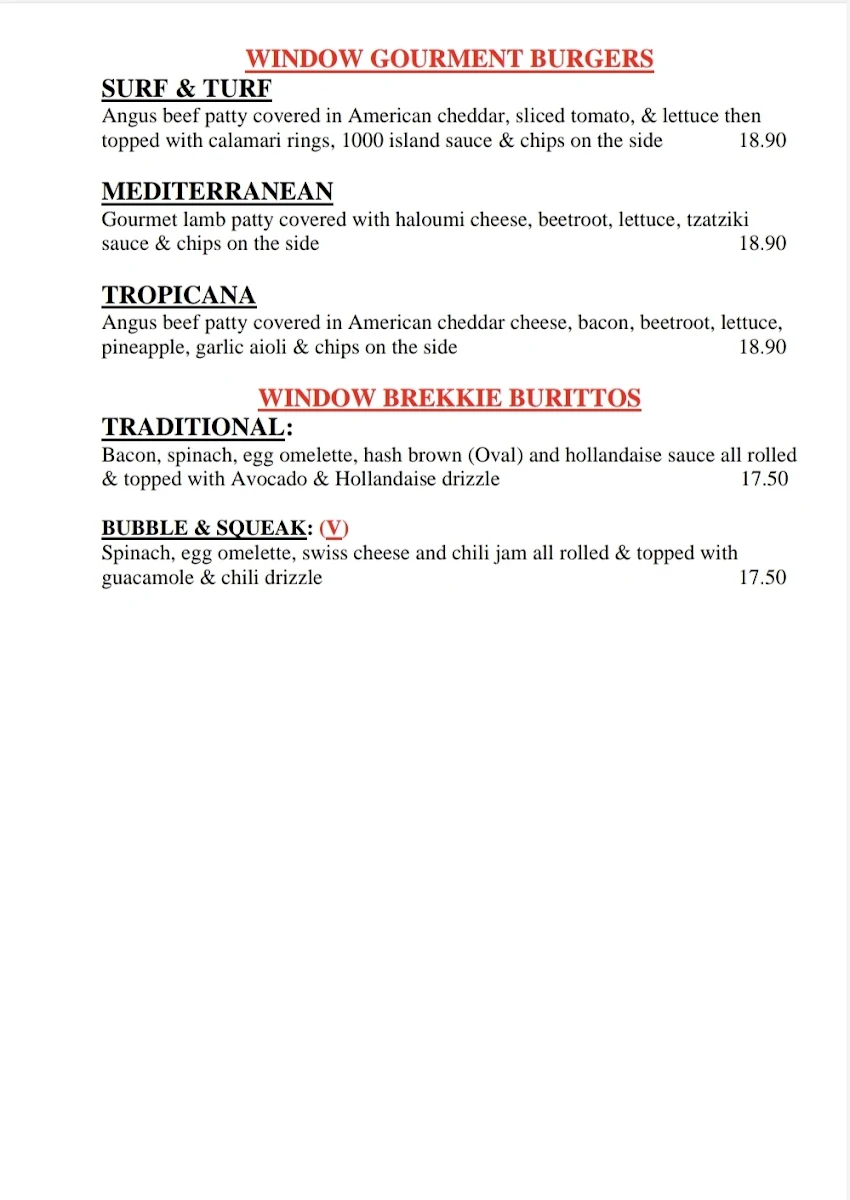 Menu, The Window Cnr Cafe