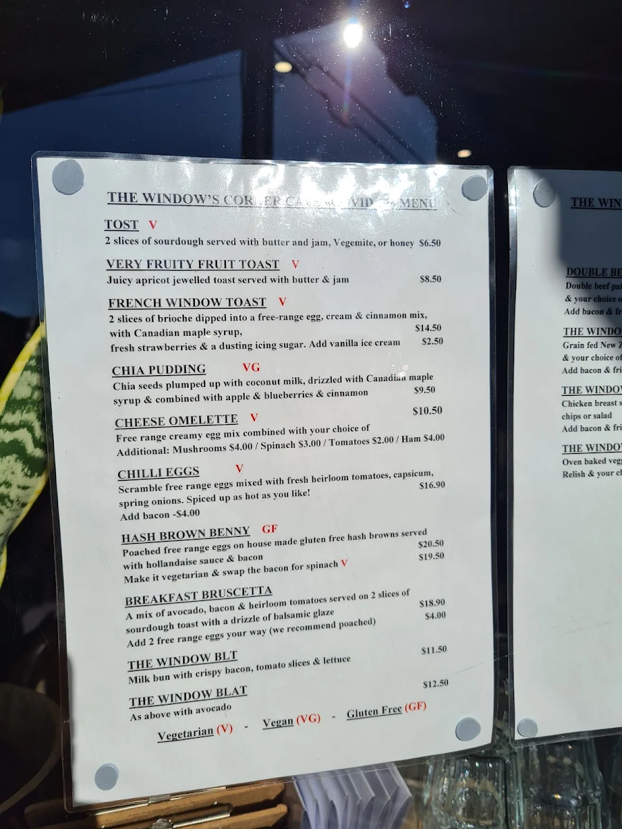 Menu, The Window Cnr Cafe