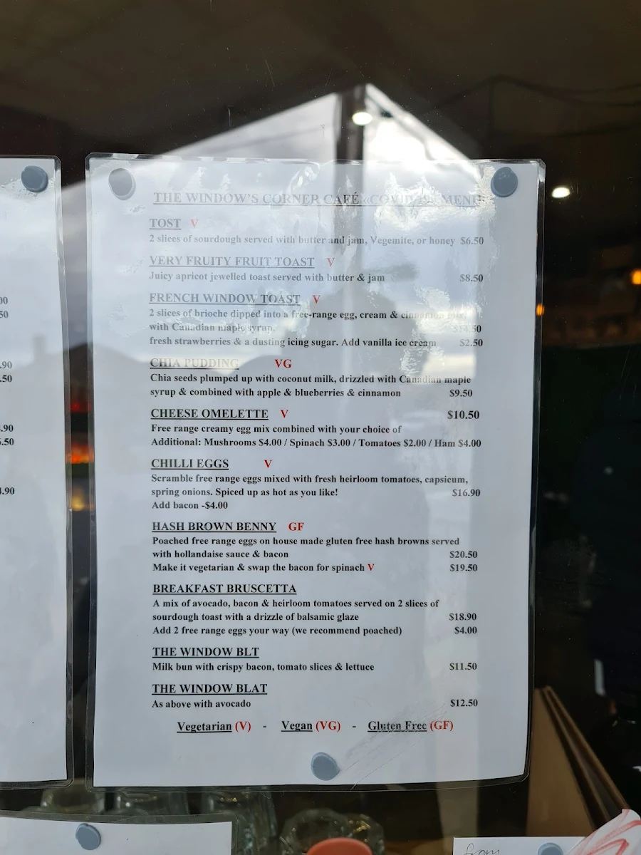 Menu, The Window Cnr Cafe