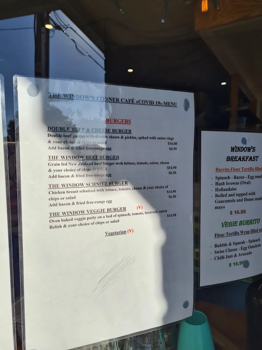 Menu, The Window Cnr Cafe