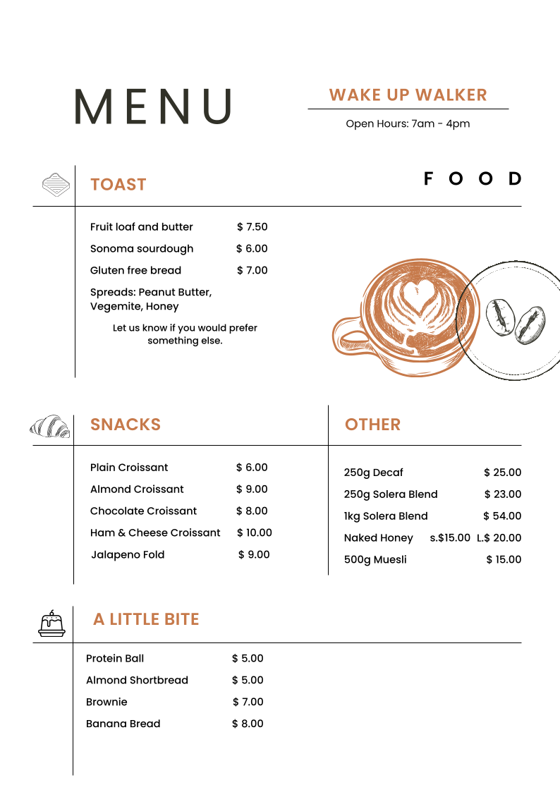 Menu, Wake Up Walker