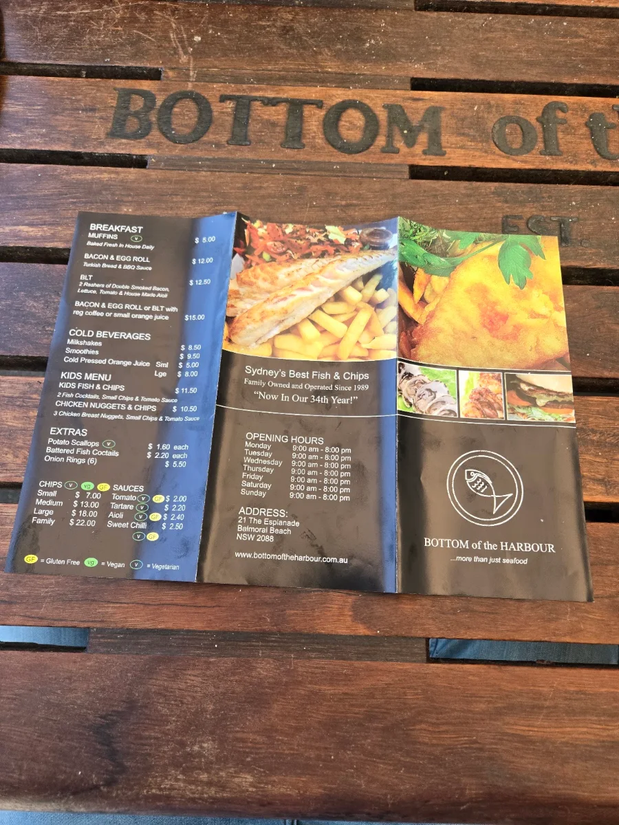Menu, Bottom of the Harbour Seafoods