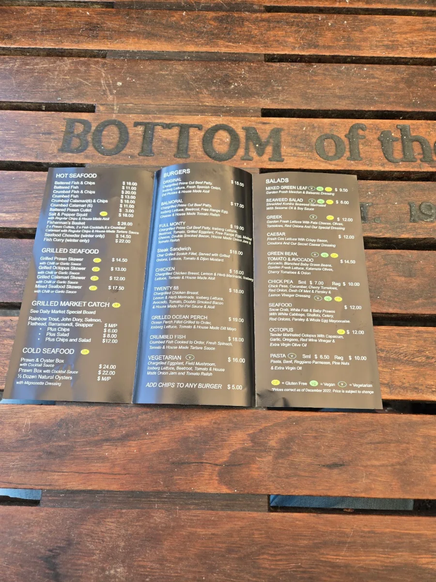 Menu, Bottom of the Harbour Seafoods