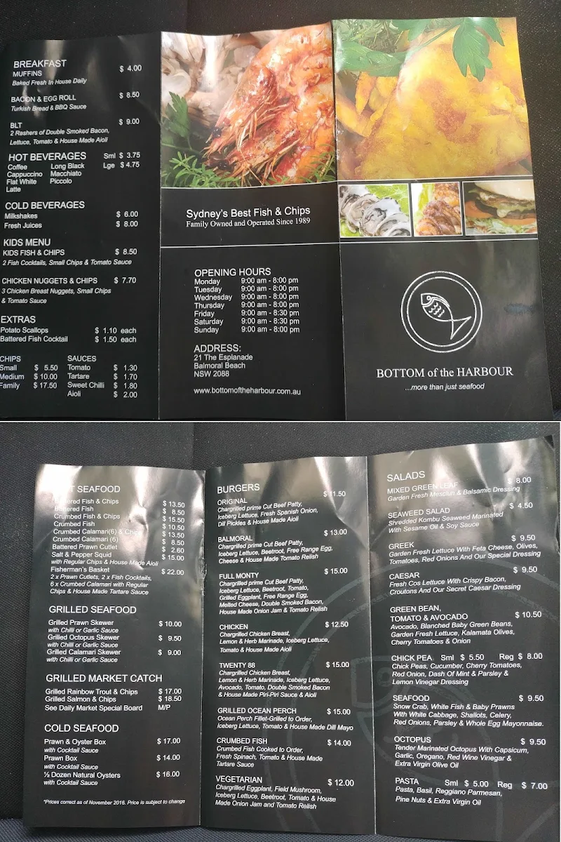 Menu, Bottom of the Harbour Seafoods