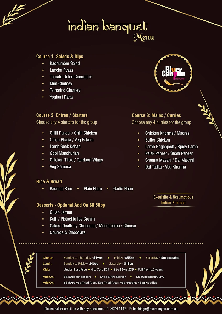 Menu, River Canyon Bar & Grill