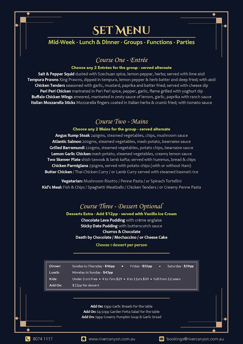Menu, River Canyon Bar & Grill