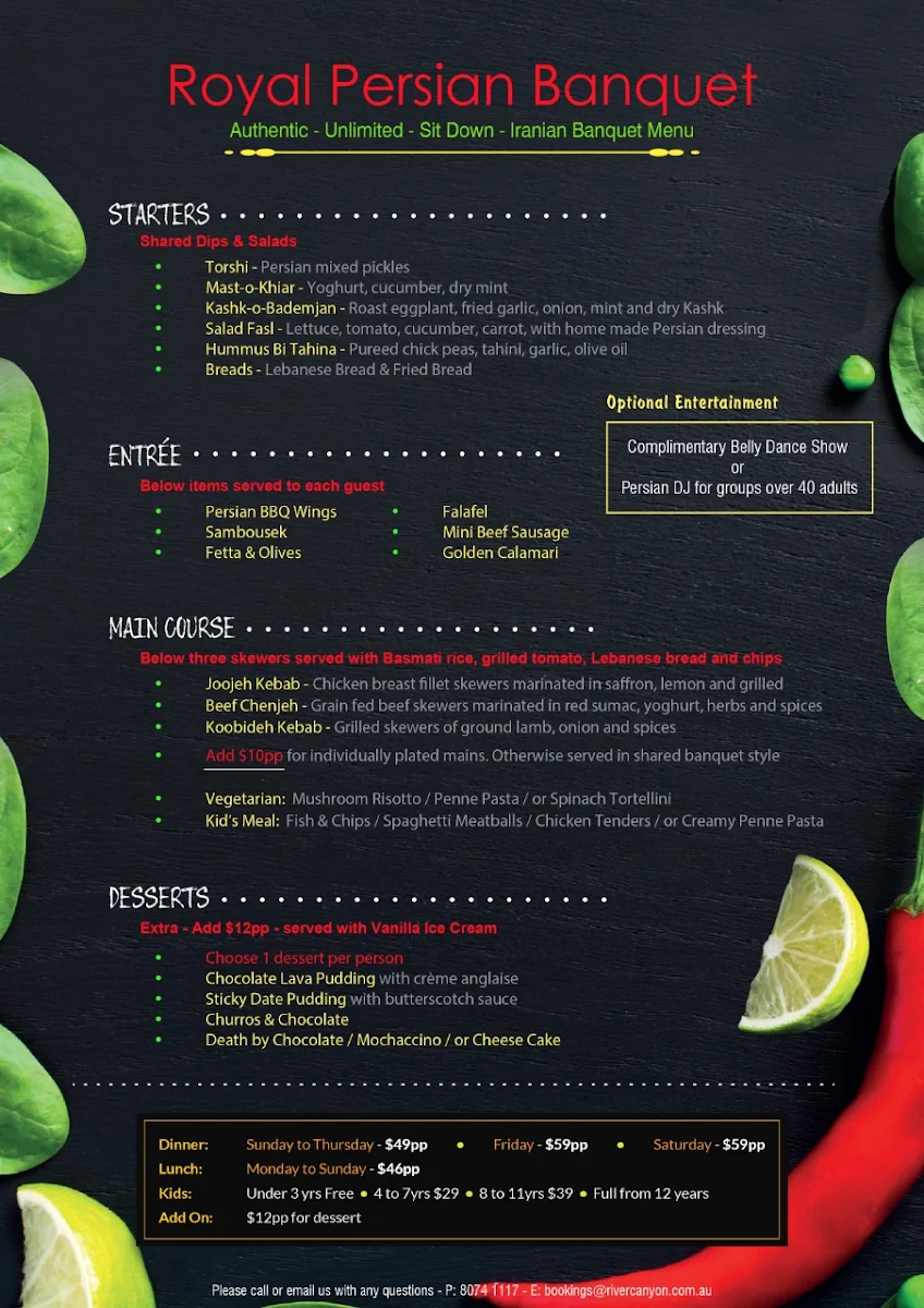 Menu, River Canyon Bar & Grill