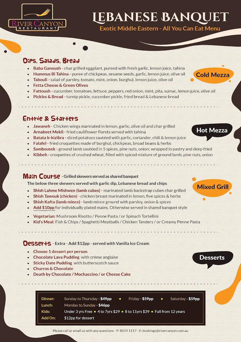 Menu, River Canyon Bar & Grill