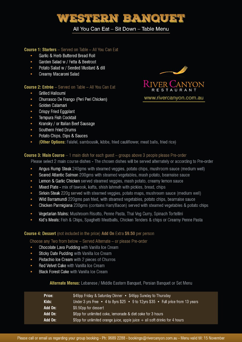 Menu, River Canyon Bar & Grill