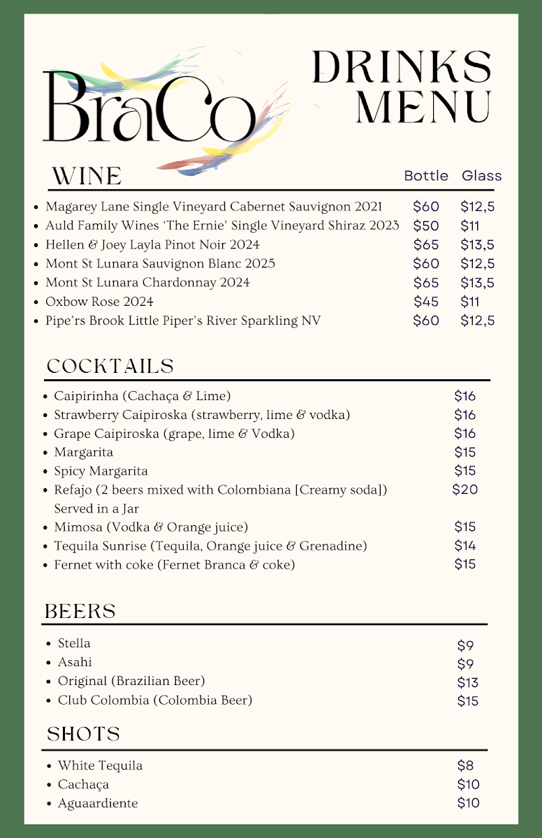 Menu, Braco Restaurant