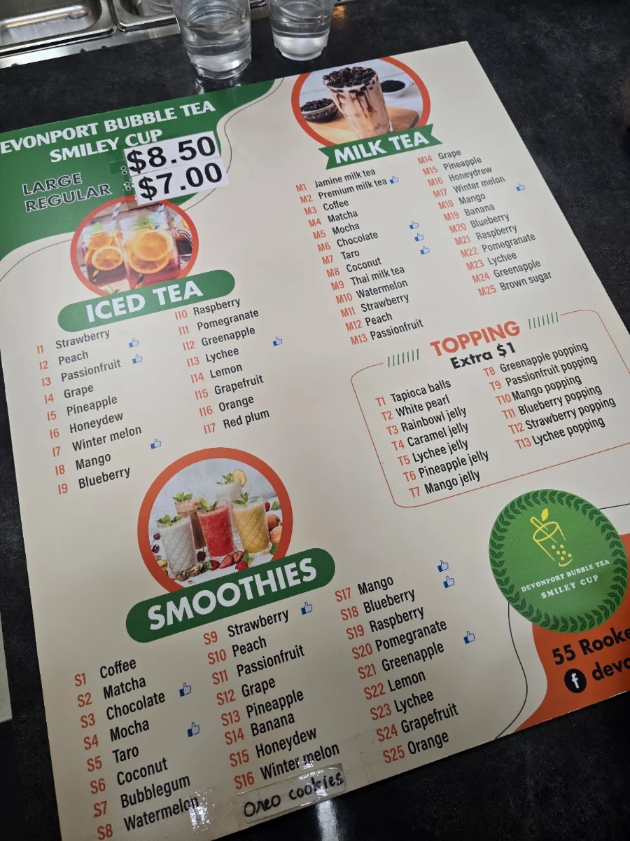 Menu, Devonport Bubble Tea - Smiley Cup