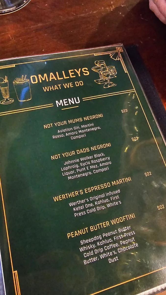 Menu, O'Malley's Hotel