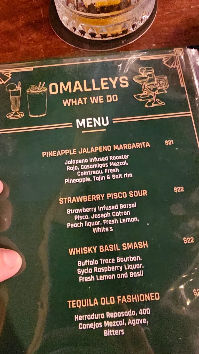 Menu, O'Malley's Hotel