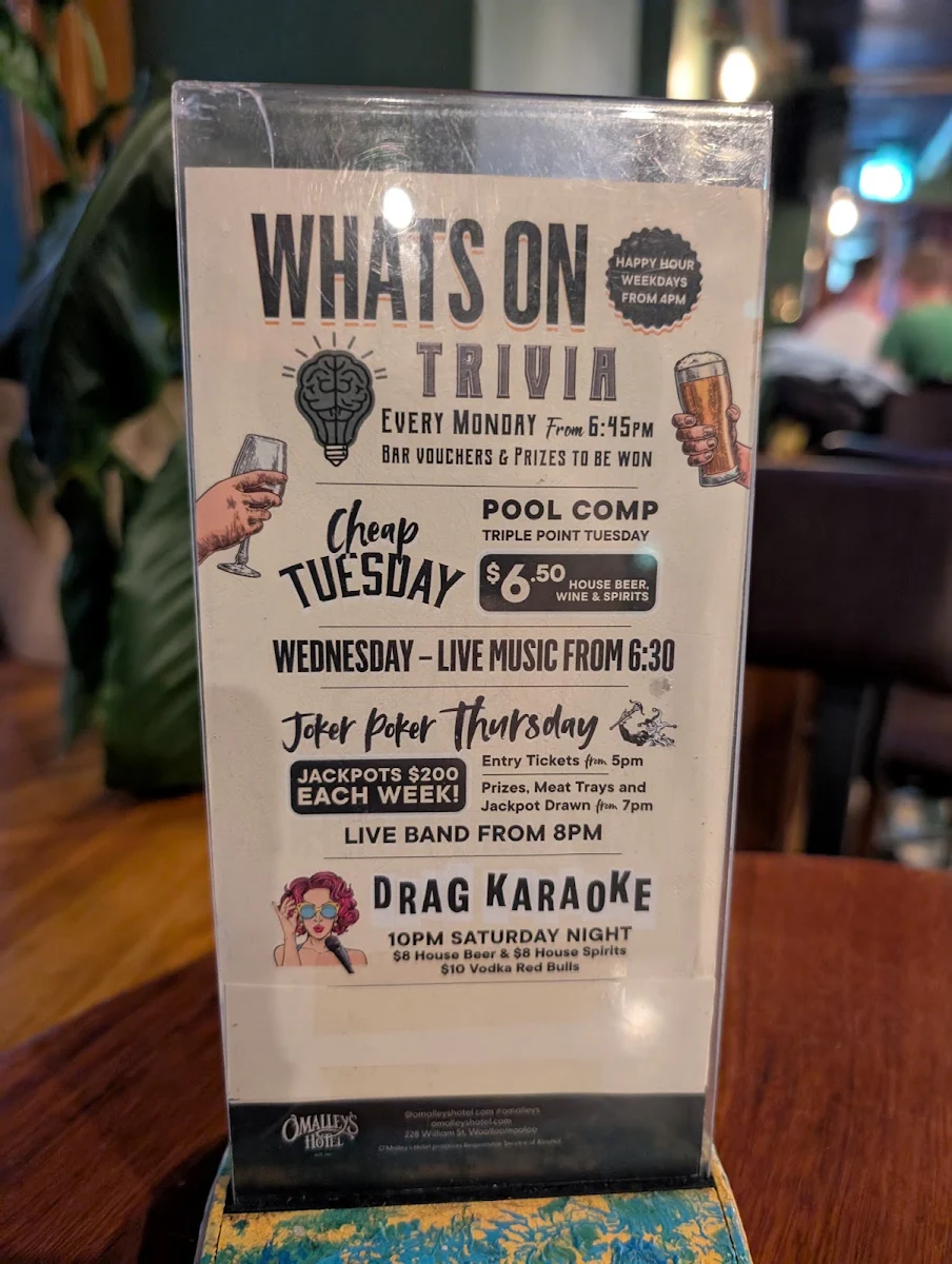 Menu, O'Malley's Hotel