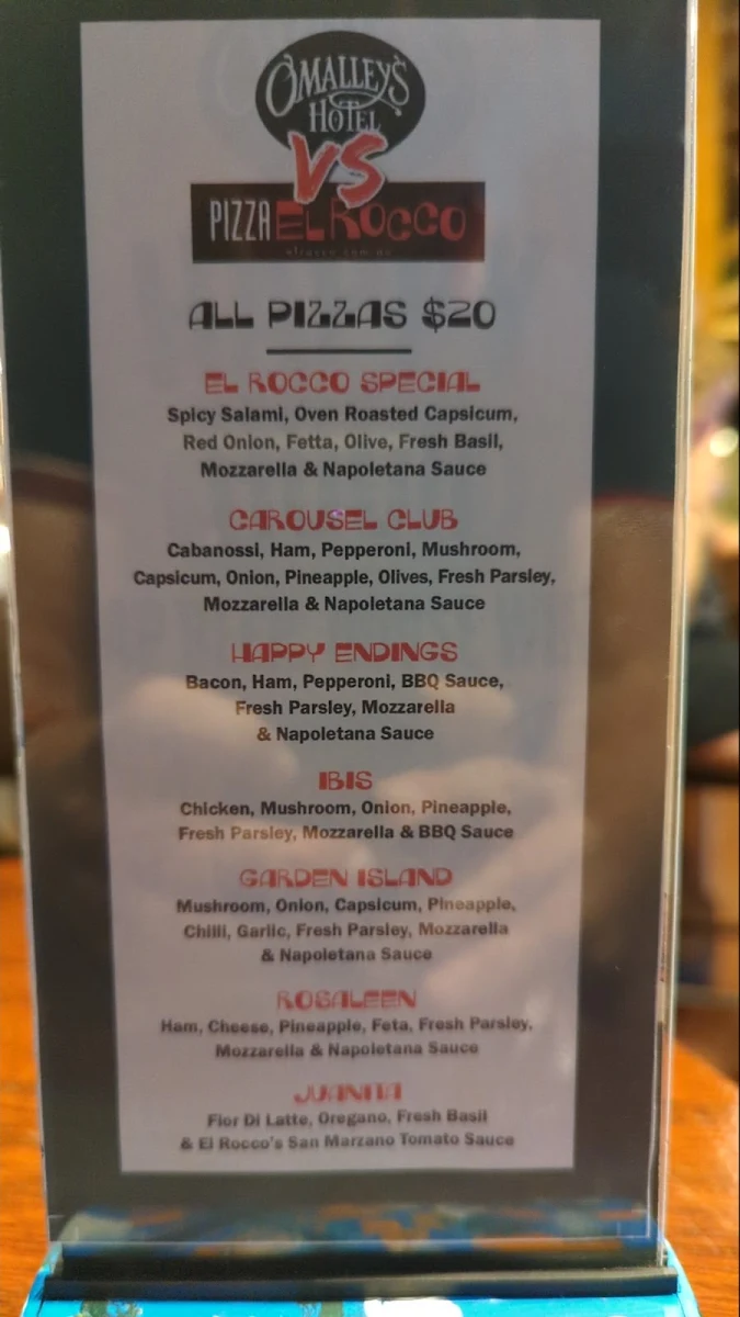 Menu, O'Malley's Hotel