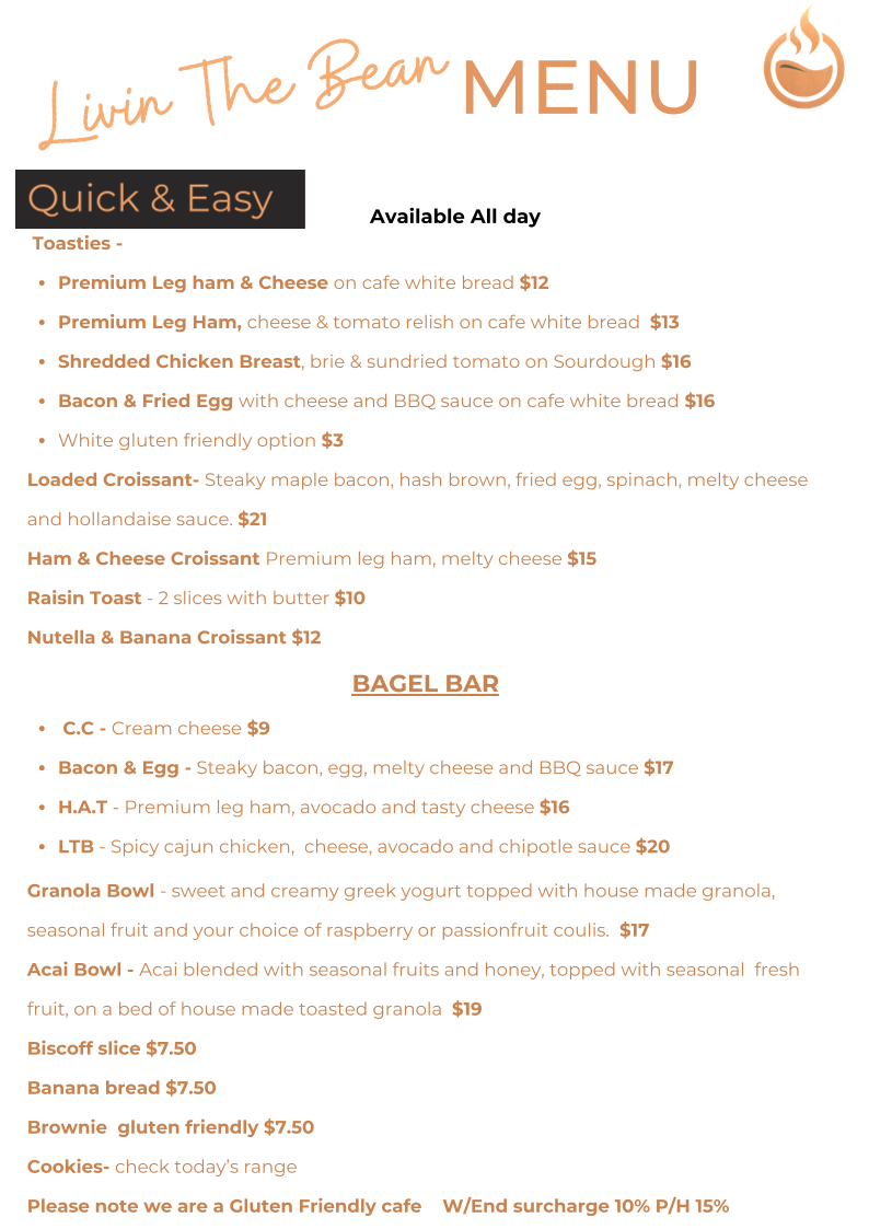 Menu, Livin The Bean cafe