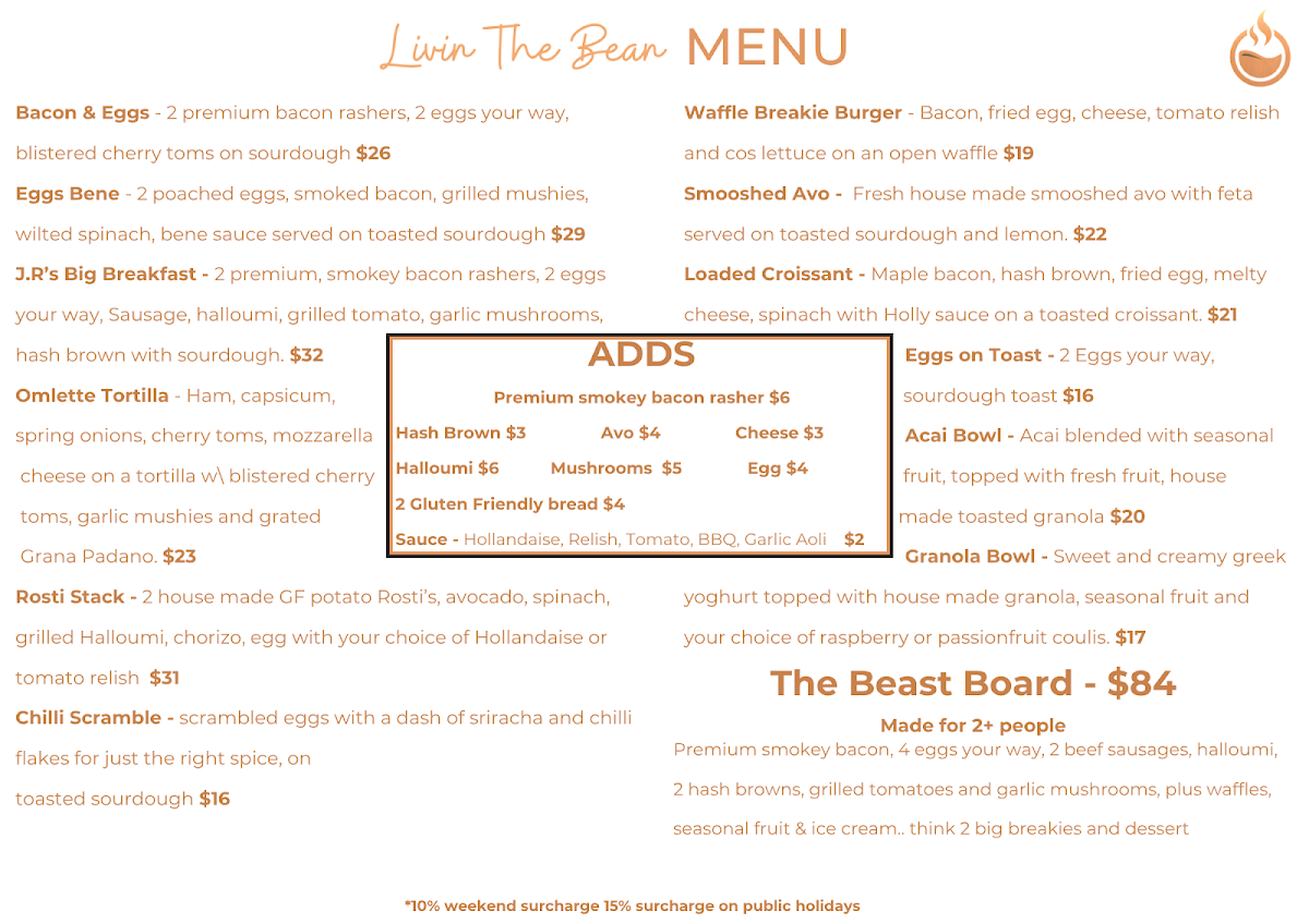 Menu, Livin The Bean cafe